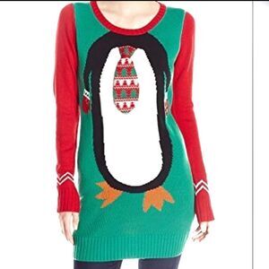 Ugly Christmas Sweater Green & Red Penguin with Tie Tunic Sz Large